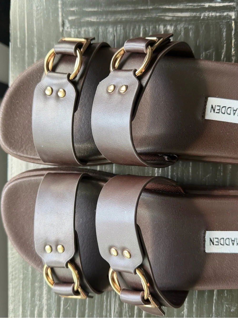 Steve Madden Dark Brown Double Buckle Slide Sandals - Picture 1 of 3
